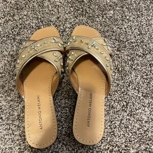 ANTONIO MELANI Tan Metallic Jewel Slide Mules